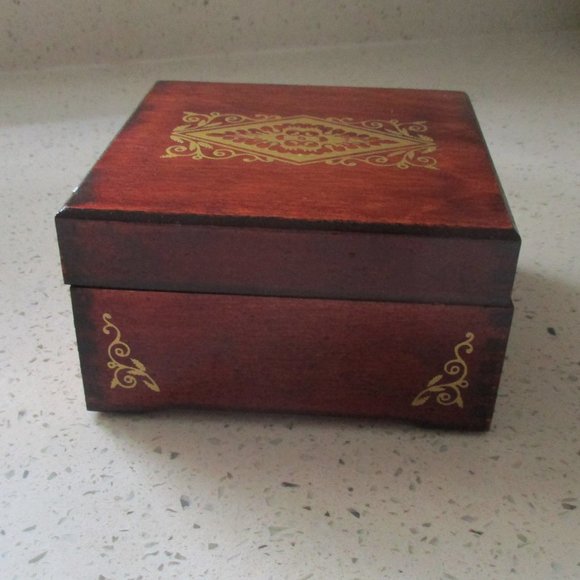 Wooden Trinket Jewelry Box w/ Gold Painted Design - Picture 2 of 7